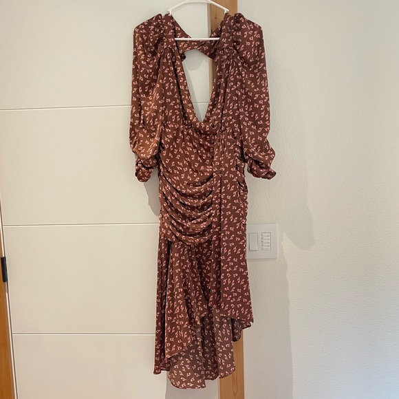LUSH satin floral ruched Dress Womens Small Midi Asymmetrical Cut Out Back Brown - Picture 3 of 13